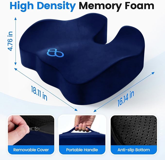 Seat Cushion, Non-Slip Memory Foam Chair Cushion for Taibone, Blue/Large | Chair Pillow with Handles for Car Office Chair, Tailbone/Sciatica Easing& Post-Surgery Recovery Chair Cushion - Image 2