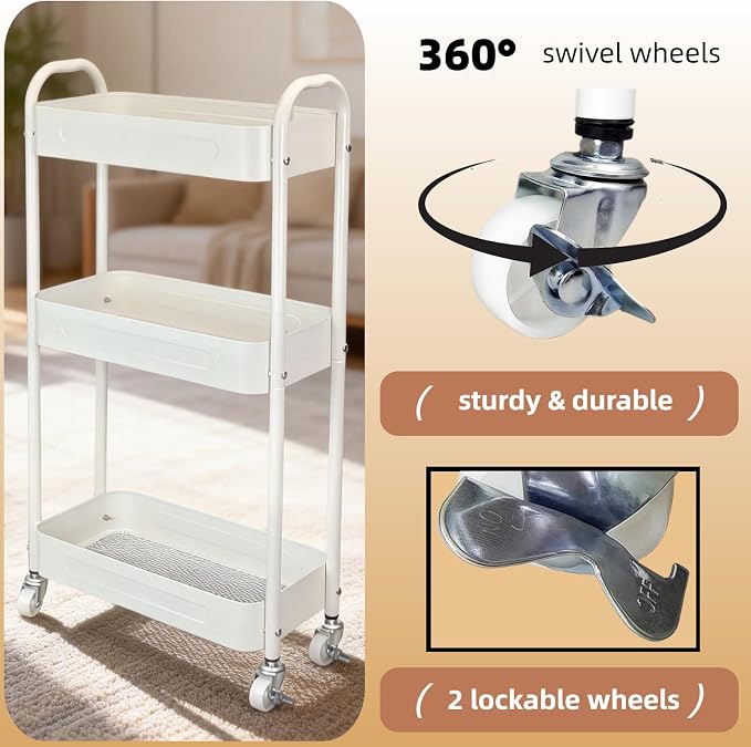 3 Tier Narrow Rolling Storage Cart for Laundry Room Bathroom Kitchen, 7.1'' Slim Utility Cart with Wheels and Lockable Casters Standing Shelf for Small Space & Between Washer and Dryer, White - Image 3
