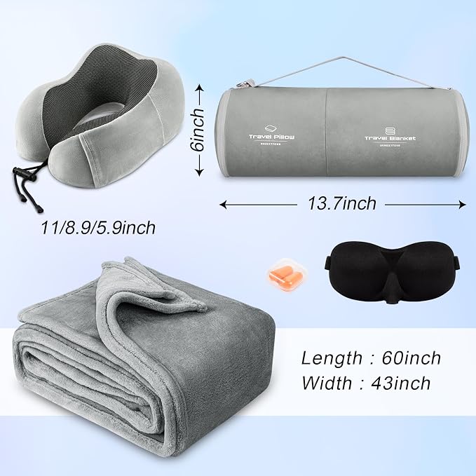urnexttour Travel Pillow and Blanket Set Neck Pillow Airplane Foam Grey | 43x60 Inch Plane Blanket, Traveling Compact Storage Bag, Eye Mask, and Earplugs for Ultimate Flight Comfort, Women and Men - Image 5