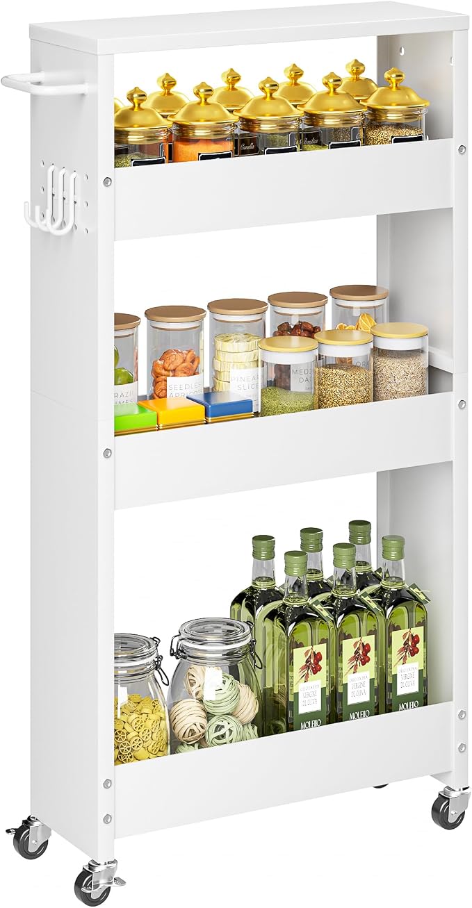 XYZLVSI Slim Storage Cart, Narrow Kitchen Rolling Cart for Small Spaces | 5.9" W skinny storage cart, 12.4" bottom metal utility cart with 360° swivel wheels for bathroom/laundry, slim shelf, white by XYZLVSI