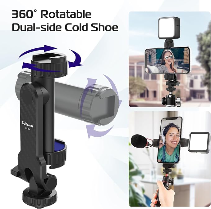 Kaitezenz Cell Phone Tripod Mount, Universal Tripod Phone Mount with 2 Cold Shoes, 360° Rotates 180° Tilts Camera Hot Shoe Phone Mount Smartphone Tripod Holder Adapter for iPhone Samsung All Phone - Image 3