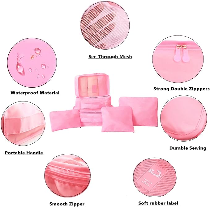 6 Pack Packing Cubes for Suitcases, Luggage Organizer, Travel Bag Organizer Storage Bags, Travel Cubes Compression (Pink) - Image 4