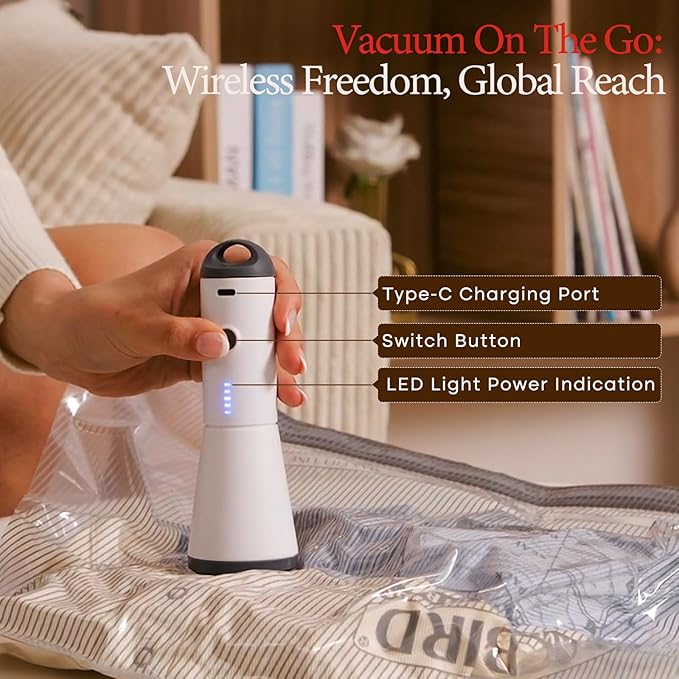 Vacbird Travel Vacuum Bags with Rechargeable Pump, Carry-On Space Saver | See Contents Easily with Transparent Bags, 1500mAh Pump Compresses 90+ Bags, Carry-On Size for Easy Travel Packing - Image 2