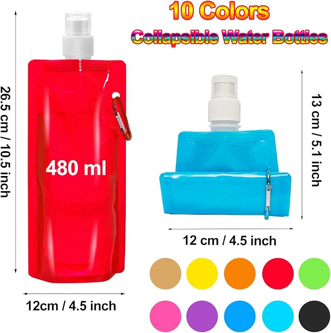 smilixin 10 Pack Collapsible Water Bottles,Collapsible Bag Water Bottles | Drinking Water Bags with Carabiner Clip,480ml Travel Water Bottle,Leak Proof,Reusable,BPA Free for Camping,Hiking Travel,Gym - Image 2