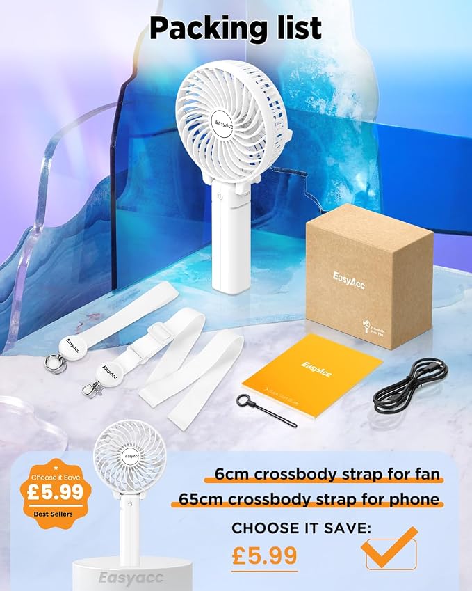 EasyAcc Handheld Fans [2x Crossbody Straps/2xDIY Stickers] for Portable Fan and Phones -Up to 10H Rechargeable Foldable Hand Desktop Fan for Home and Travel - White - Image 2