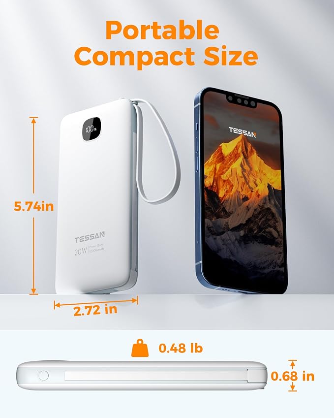 Portable Charger with Built in Cables,TESSAN 10000mAh Power Bank Fast Charging with Foldable Wall Plug Charger, PD20W Compact Battery Pack Travel Essentials for iPhone 17/16/15 Series,Samsung,Tablets | PD20W USB C Fast Charging with Foldable AC Outlets... - Image 4