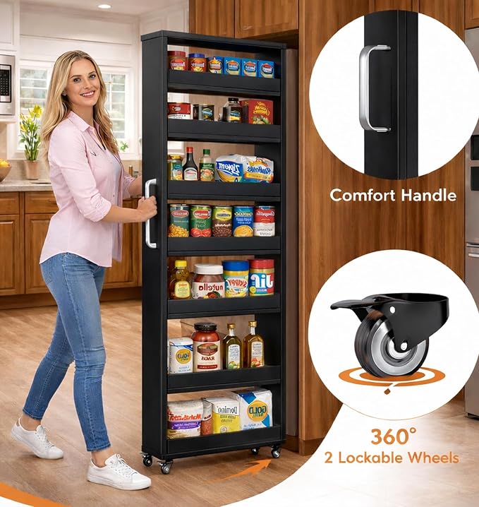 Beside Fridge Storage Slim Tall Cabinet - 7-Tier Tall Narrow Kitchen Pantry Pull Out Storage Cabinet Next To Fridge, Rolling Cart For Kitchen, Dorm, Bathroom, Laundry & Office (Black, 23.6 in) - Image 3