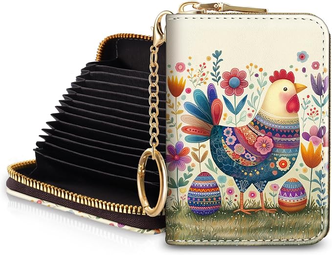 Blusabaca RFID Credit Card Holder Small Women Travel Wallet, Chicken Eggs | Removable Keychain, Case with Zipper, Vegan PU Leather, Cash Coin Pocket, Business Accordion Purse, Ladies Female Gift by Blusabaca