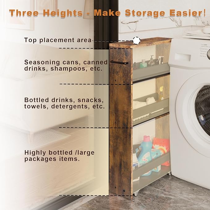 TEAMIX Slim Rolling Storage Cart, Wood 4-Tier Narrow Kitchen/Laundry Cart | 5.5"W Thin Cabinet with Wheels and Handle, Use as Spice Rack Next to Fridge, Laundry Room Organization Between Washer & Dryer - Image 4
