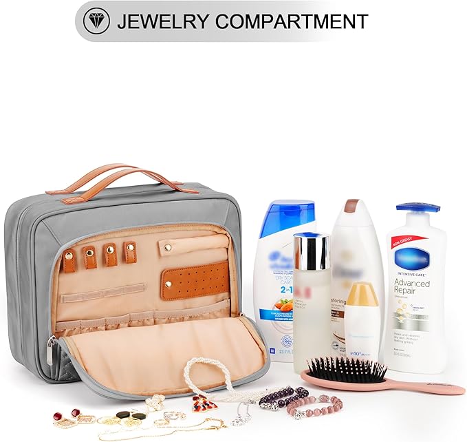 Travel Hanging Toiletry Bag for Women, Holds Full-Size Shampoo, with Jewelry Organizer Compartment, Extra Large Makeup Bag, Waterproof Cosmetic Bag, Toiletries Kit Set with Trolley Belt, Grey - Image 3