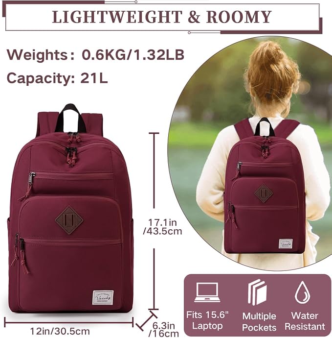 VASCHY School Backpack for Women, Unisex Large Bookbag Schoolbag Casual Daypack for High School/College/Teens/Travel/Work Red - Image 3
