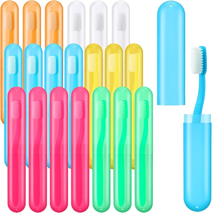 LemonRoad 40 Pcs Travel Toothbrush Holder Sets 20 Disposable Toothbrush Individually Wrapped 20 Portable Tooth Brush Case Covers with Ventilation Holes for Travel, Home, Camping, Hotel(Candy) by Unknown