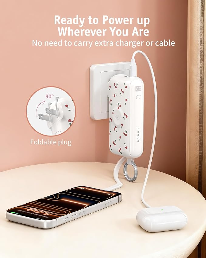RORRY Flow Portable Charger 10000mAh 40W Wall Plug Power Bank Battery Pack | Built-in USB-C Cable, Keychain Design, Fast Charging, for iPhone 17/16/15, Apple Watch, iPad, 3-in-1, Travel Essential - Image 6