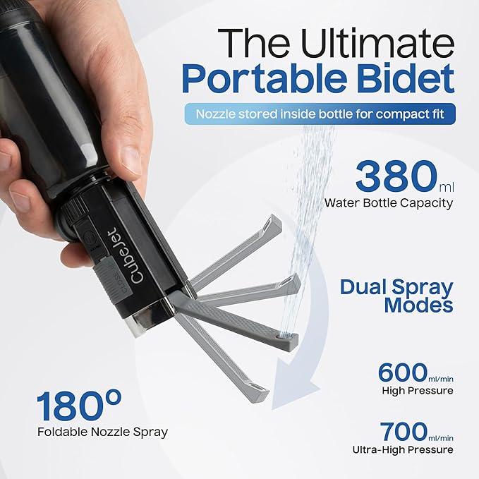 BIDET BUDDY® CubeJet Portable Bidet for Travel, 380mL Bottle Obsidian Drift | Rechargeable Battery 1100mAH, IPX6 Waterproof Wand-Style Nozzle, USB-C High-Pressure Hygiene Device for Camping & Home - Image 5