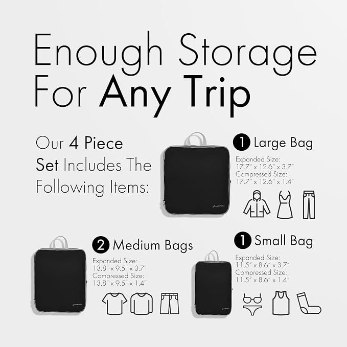 (Not Made In China) Compression Packing Cubes For Travel, Suitcase and Luggage Space Saver Organizer Bags, Lightweight, Waterproof Nylon, Durable, 4pc Set, Black - Image 2