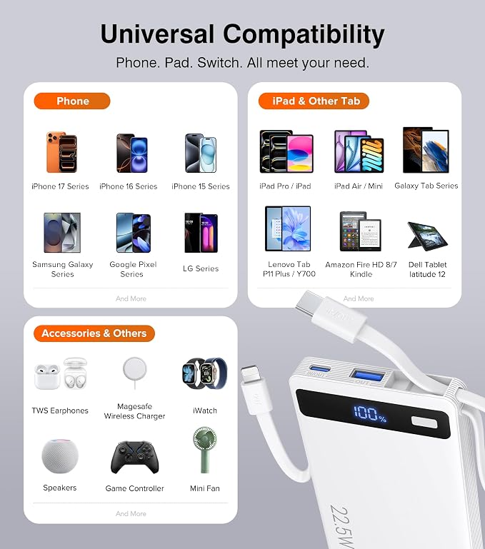 Power Bank with 2 Built-in Cables 10000mAh,22.5W Fast Slim Portable Charger | USB C Battery Pack, Travel Essentials Gift PD Fast Charging Powerbank For iPhone 17 16 15 Plus Pro Galaxy iPad White(1 Pack) - Image 5