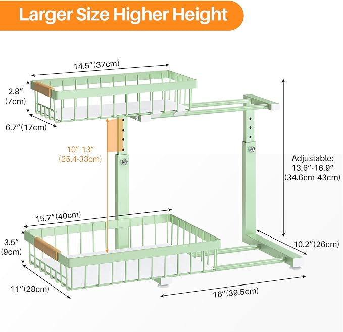 PXRACK Under Sink Organizer, Adjustable Height, 2 Tier Pull Out Under Cabinet Organizer, Slide Out Thickened Metal Under Sink Storage for Kitchen Bathroom Laundry Pantry Cabinet, Green, Large-1-Pack - Image 8