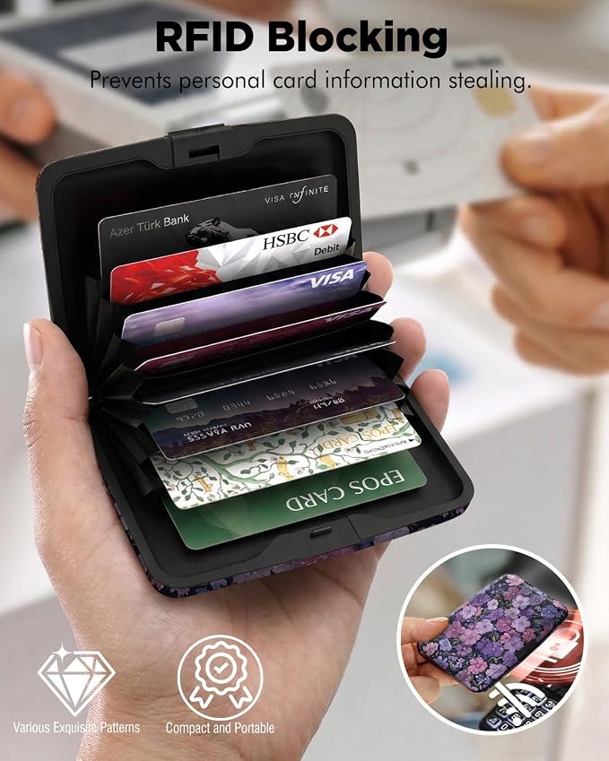 Maicican RFID Blocking Aluminum Credit Card Holder | Slim Metal Wallet for Women & Men, Business Card Case for Travel, Fits Front Pocket, Card holder wallet - Purple flowers - Image 2
