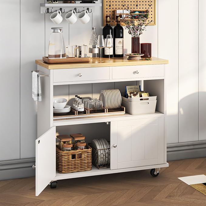 knoworld Rolling Kitchen Island with Storage Cabinet, 35.4'' Width Kitchen Cart, 2 Drawers Island Table, Portable Mobile Kitchen Island with Towel Rack, Wood Top and Lockable Wheels, White - Image 5