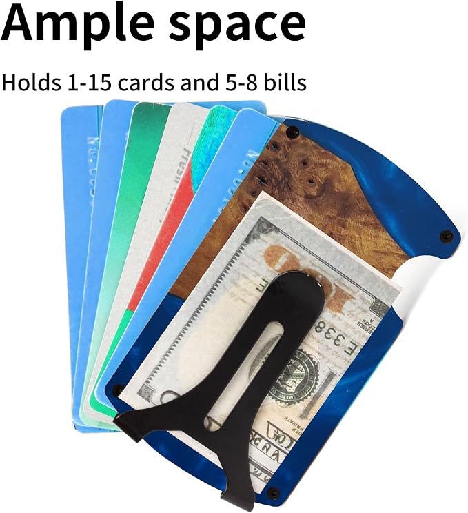 Minimalist Wallet for Men, Slim Metal RFID Blocking Wallet Credit Card Holder Money Clip & Cash Strap, Scratch-Resistant Holds 15 Cards,Ideal Gift for Men | Resin Wood, Unique Pattern ,Dark Blue - Image 3