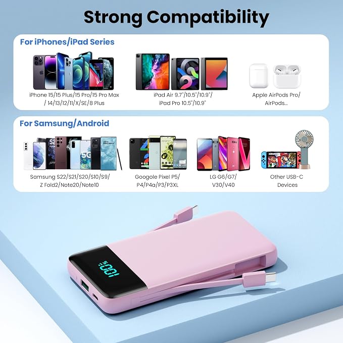 Portable Charger for iPhone with Built in Cables and Wall Plug,Upgraded 13800mAh Fast Charging USB C Power Bank,4 Outputs Travel Essential Battery Pack Compatible with iPhone 17/16/15/14,Galaxy-Pink - Image 5