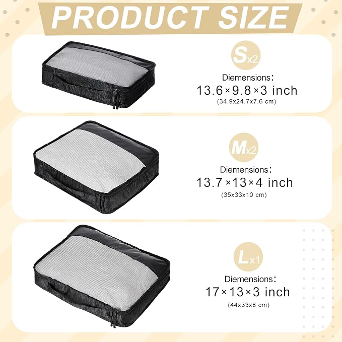 5 Pcs Packing Cubes for Suitcase Large Travel Cubes Carry on Luggage Organizer Bags for Clothes Accessories(Mixed,Black) - Image 2