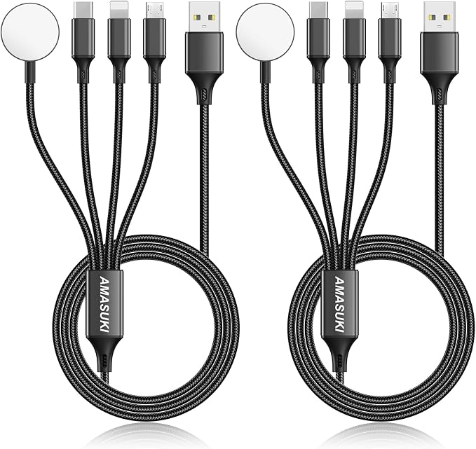 2Pack Multi Charging Cable for Apple Watch Charger 4 in 1 Travel Essentials RV Camping Essentials USB C/L/Micro Compatible with iWatch Series 11-1/iPhone 17/16/15/Android Airplane Gadgets-4FT/Black by ChargeBeyondPowerWithin