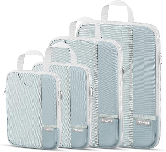 Percover Compression Packing Cubes for Travel, 4-Piece Structured Compression Organizer Set with Label Pockets for Carry-On & Checked Luggage, Slate Blue by Unknown