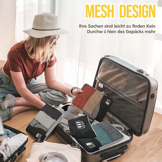 Compression Packing Cubes 8 Set, Dual Zipper Compression Packing Cubes for Travel, See-Through Mesh Packing Bags for Suitcases, Packing Cube with Shoe Bag (Black) - Image 2