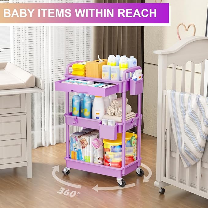 Goovilla 3 Tier Rolling Utility Cart Organizer with Removable Drawer,Purple | Stable and Sturdy Rolling Storage Carts with 2 Lockable Wheels for Bathroom, Kitchen, Snack, Craft, Makeup, Baby Essentials - Image 6