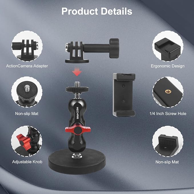 Magnetic Camera Mount for Action Camera- Strong Magnet Base with 360° Rotation Ball Head Magic Arm &1/4"-20 Thread & Phone Holder,Metal Compatible with Pocket 3 /X4/X3 for Car Gym,JC024 - Image 5
