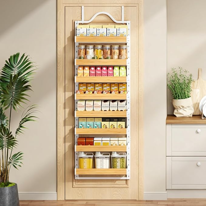 8-Tier Pantry Door Organizer, Over the Door Pantry Organizer with Wooden Adjustable Baskets, 2 IN 1 Spice Rack Wall Mount or Door Organizer, Door Spice Rack for Pantry（72.6×17.1×5.1in,White) - Image 8