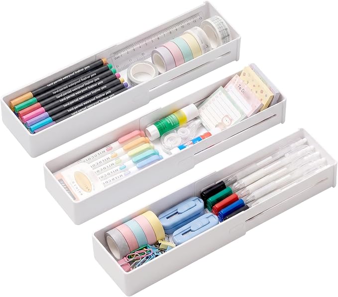 PAVSTINE 3-Pack Expandable Drawer Organizers for Desk Accessories, Small | Adjustable 9.45"–16.69", Customizable Compartments, Scalable Trays for Makeup, Kitchen, Bathroom, Vanity & Office by PAVSTINE