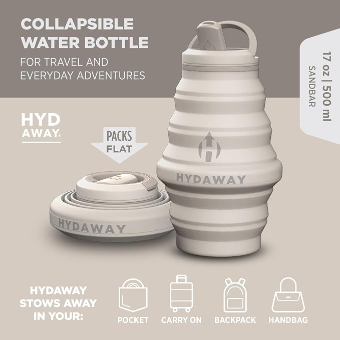 HYDAWAY 17oz Collapsible Water Bottle, Packable Leakproof for Travel | Travel-first design. Fold flat to 1.5 in for carry-ons, purses, seatbacks. Leakproof, BPA-free, dishwasher safe. - Image 2