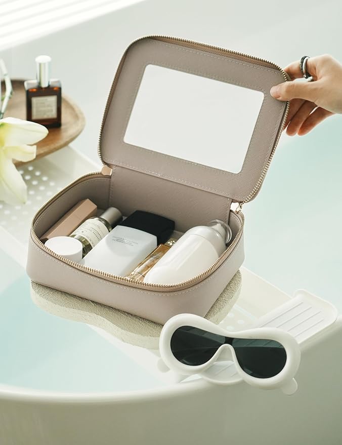 Clear Makeup Bag with Zipper, Set of 2, Mini and Medium, Stone | Clear Travel Bags for Toiletries, Structured Cosmetic Case for Women, Waterproof PU Leather, Wide Open Portable Car Organier - Image 7