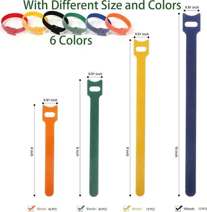 102 Pcs Cable Ties, 4+6+8+10 inch Reusable Multi-Colour Cable Ties Wire Ties Cord Organizer Cable Organizer Adjustable Cable Management for Cable Management - Image 3