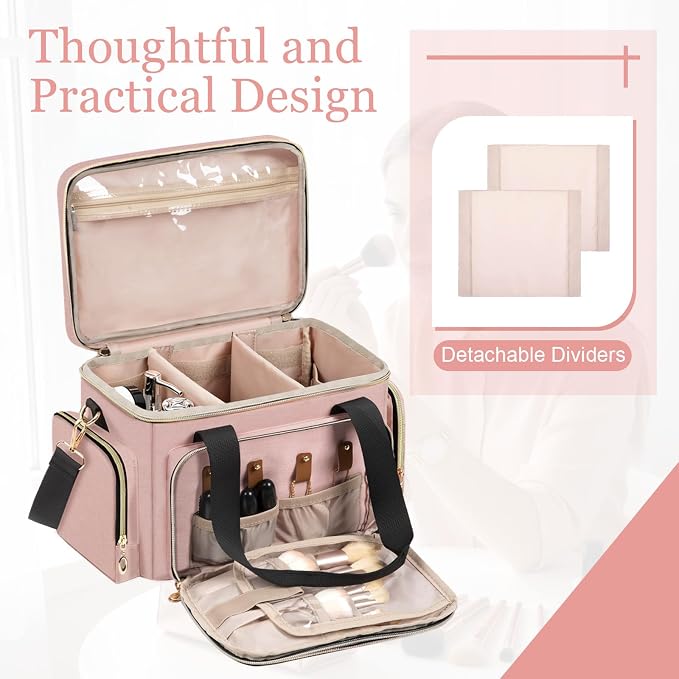 GDNasist Large Makeup Bag, Portable Travel Makeup Bag Organizer | Cosmetic Travel Bag for Women Girls with Removable Shoulder Strap & Detachable Dividers, Toiletry Bag for Makeup Pink - Image 6