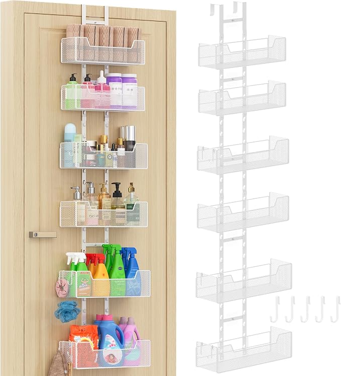 Hongtamoya Over The Door Organizer, Metal Hanging Door Organizer with 6 Adjustable Baskets and 5 Hooks, Behind The Door Storage for Closet Cabinet Kitchen Bathroom Bedroom Pantry Door Organizer, White by Hongtamoya