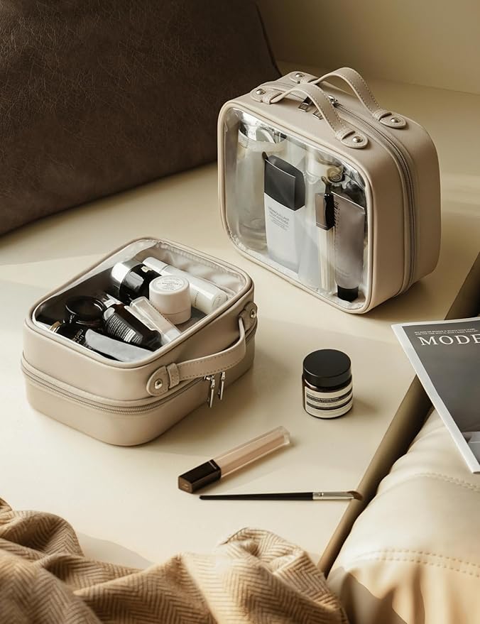 Clear Cosmetic Bag Double Layer 4 Compartments Travel Toiletry Bag Clear Makeup Bag Case with Zipper Transparent Travel Bag for Toiletries, Gift for Women Girls (Taupe, Small) - Image 5