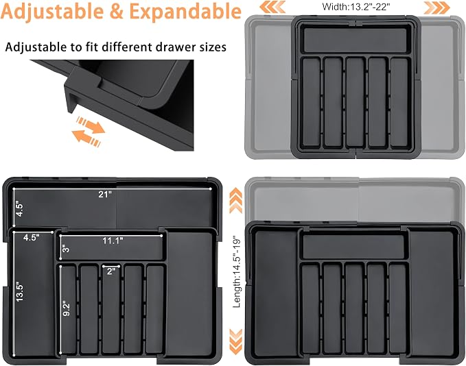 Silverware Organizer Expandable Kitchen Utensil Drawer Organizer Large BPA Free Adjustable Cutlery Silverware Tray for Spoons Forks Knives Storage Divider for Kitchen Flatware 6-9 Slots Black - Image 2
