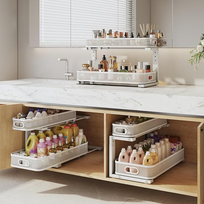 2 Pack 21.3IN-Depth Under Sink Organizer with Smooth Cylindrical Rail,2-Tier Pull Out Multi-Purpose Cabinet Storage for Bathroom&Kitchen,Height Adjustable,Rust-Resistant Coating-White - Image 6