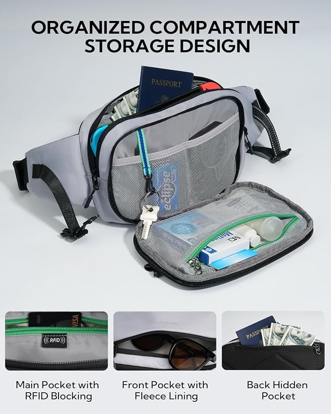 WATERFLY Fanny Pack Waist Bag: 3L Large RFID Anti-Theft for Travel | 180-Degree Opening Design, 5 Pockets, Nylon, Reflective Webbing, Adjustable Buckles, Hiking Daily Use, Women Men - Image 4