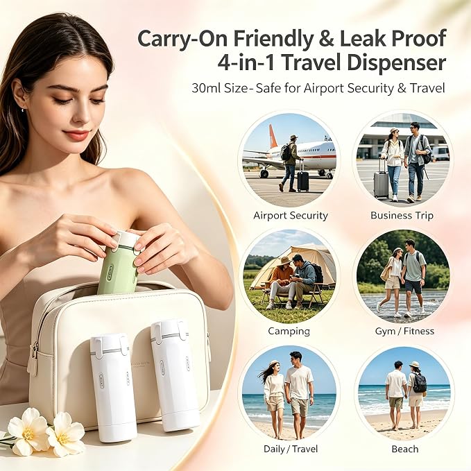 4 in 1 Travel Dispenser Bottle, 30ML Leak Proof Travel Size Toiletries Containers with Labels & Scale, Portable Refillable Travel Bottles for Shampoo Lotion Conditioner Cream, Carry Friendly(1White) - Image 5