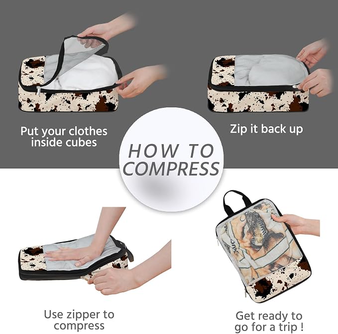 7 Pcs Compression Packing Cubes for Travel, Waterproof Suitcase Luggage Backpack Organizer with Toiletry Bag Travel Essentials for Women/Men-Cow Print - Image 5