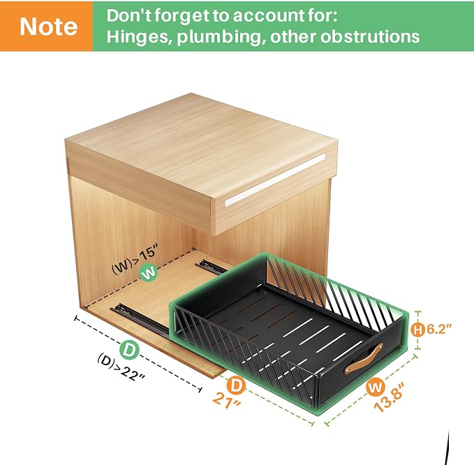 Pull out Cabinet Organizer,Heavy Duty Slide out Pantry Shelves Drawer Storage with Adhesive Nano Film,Sliding Mesh Cabinet Basket with Handle for Kitchen, Bathroom, Home, 13.8"W X 21"D X6.2"H,Black - Image 3