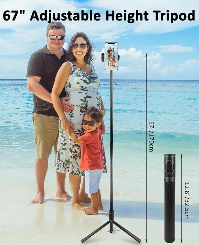 WOVTE 67" Automatic Phone Tripod, Auto-Open Selfie Stick Tripod with Wireless Remote, Portable Travel Phone Stand Compatible with iPhone/Android for Photograph, Video Recording, Live Streaming (Black) - Image 2