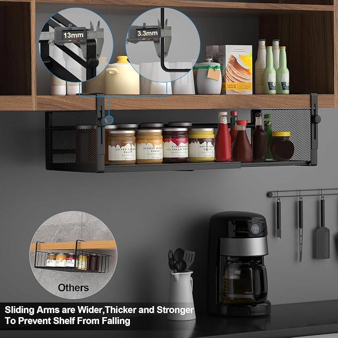 AmonHouseware 2Pack Expandable Under Shelf Storage Basket Organizer,Black | Adjustable Hanging,Length Stretchable14.9-22.6Inch,Under Cabinet Shelf for Laundry Room Kitchen Pantry Desk Counter Cupboard - Image 5