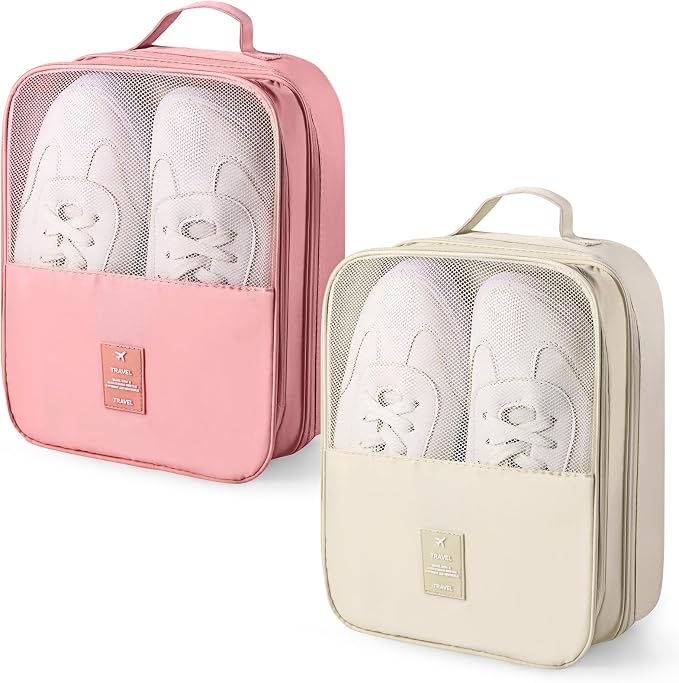 Windyun 2 Pcs Shoe Bags for Travel Holds 3 Pair of Shoes Travel Shoe Bag for Packing Portable Shoe Cubes for Travel and Daily Use(Pink, Beige) by Windyun