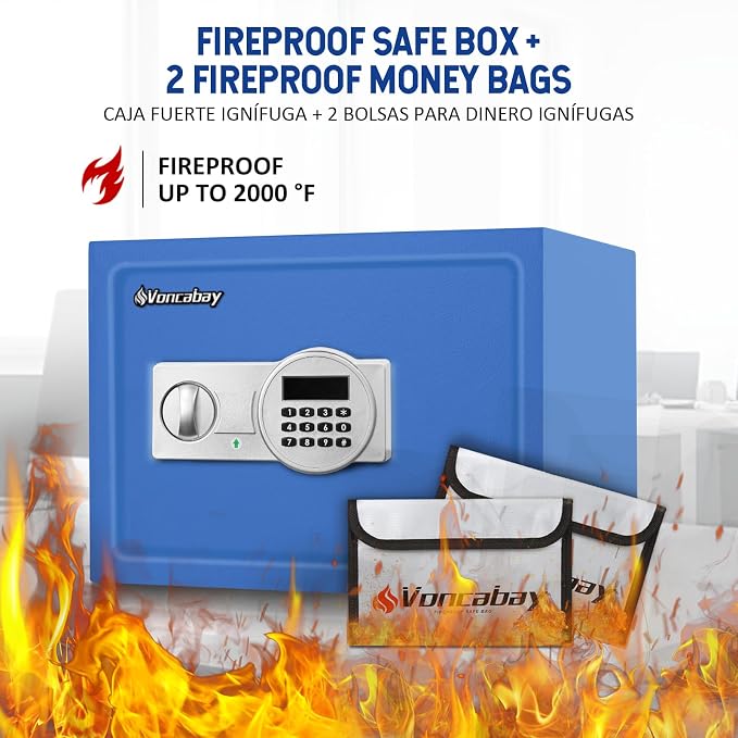 Voncabay Money Safe Box for Home with Digital Keypad, 0.8 Cu. Ft., Blue | Alloy Steel, 2 Fireproof Bags, Digital Keypad with Display, Removable Shelf, Fits A4, 13.8 x 9.85 x 9.85 In. - Image 5