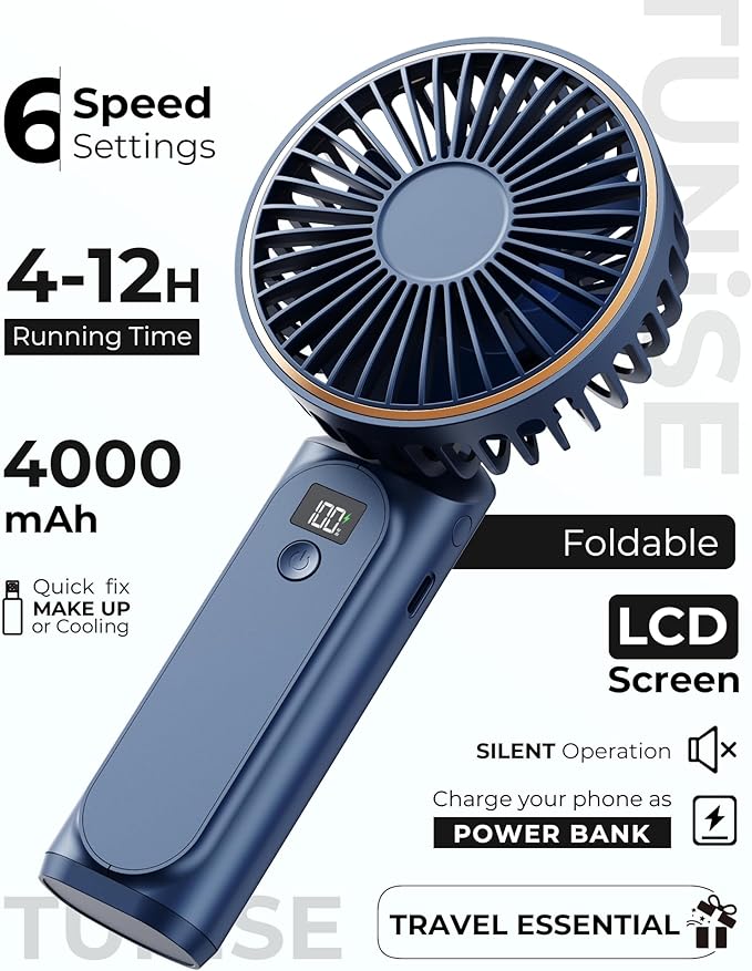 TUNISE Portable Handheld Fan, Portable Fan Rechargeable, 4000mAh, 180° Adjustable, 6 Speed Wind, Display Electricity in Real Time, USB Rechargeable Foldable F an, Quiet Personal Fan with Power Bank - Image 2